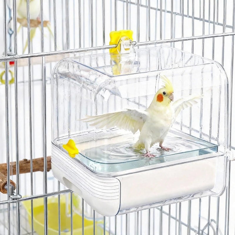 Dmnnlp Hanging Bird Bath for Cage, with Wood Perches, Bird Cage Accessories for Small Medium Birds Lovebird, Parakeet, Cockatiel, Essential Bird 7.3" x 7.3" x 8.2" (White) - Image 3
